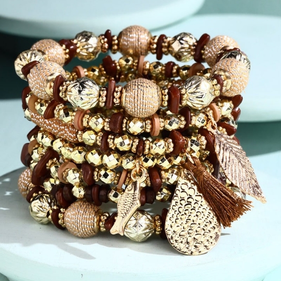 Glamorous Gold & Earth Tone Layered Beaded Bracelet Set w Golden Charms & Tassel - Picture 1 of 3